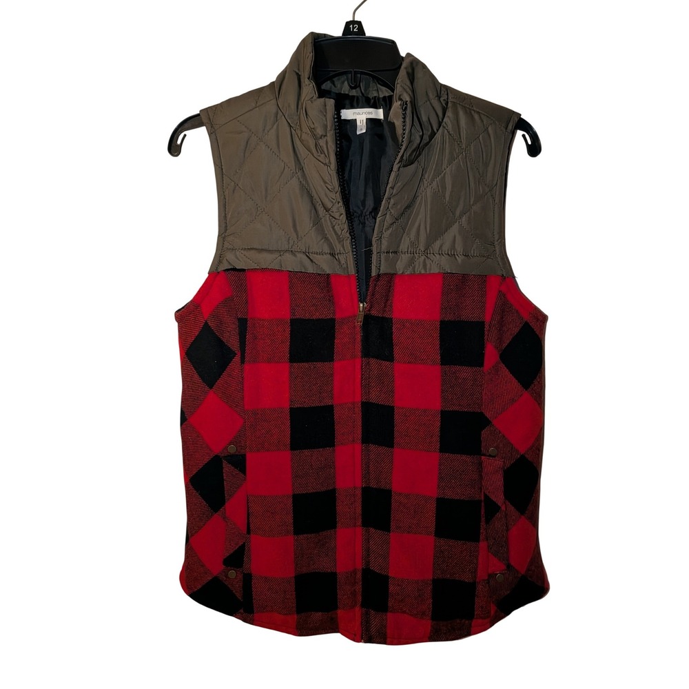 Maurices Womens Buffalo Plaid Quilted Mixed Media Vest Red‎ Black Olive Small